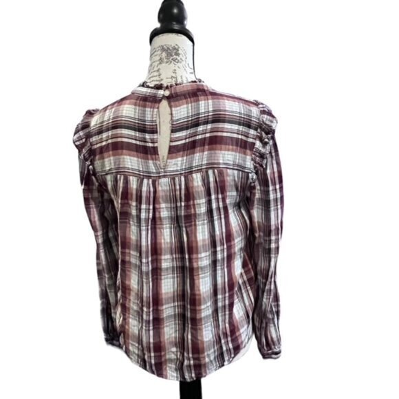 Ann Taylor LOFT Womens Button Up Shirt Blouse Medium Long Sleeve Plaid High Neck - Picture 3 of 14